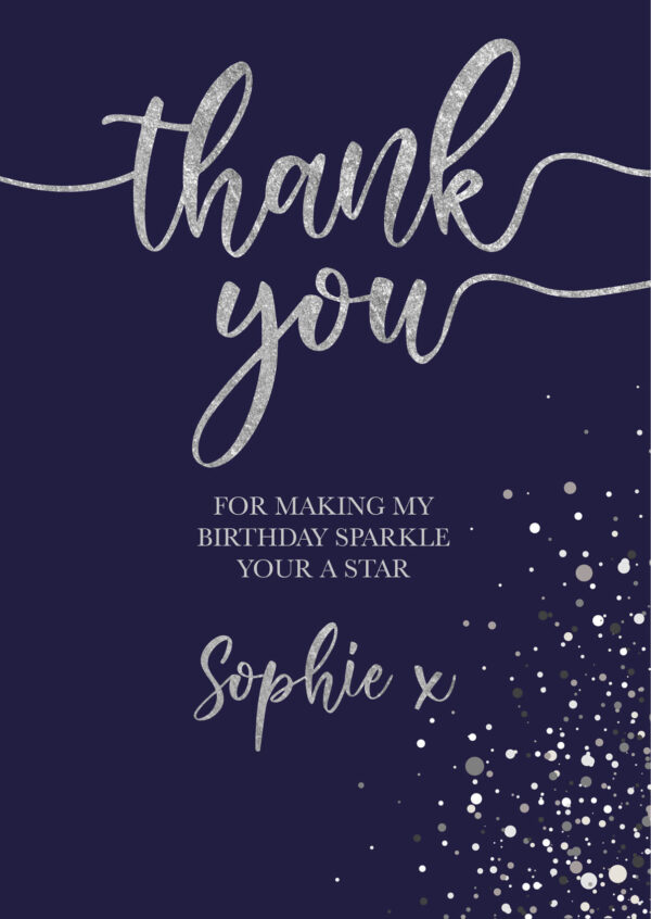 Blue and Silver Sparkle Script Thank You Cards