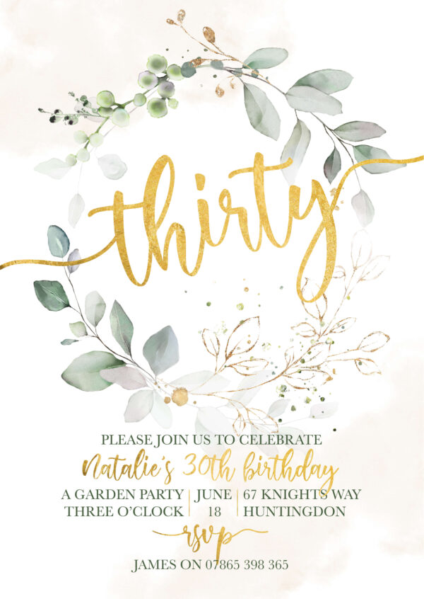 Gold Botanical Wreath Party Invitations