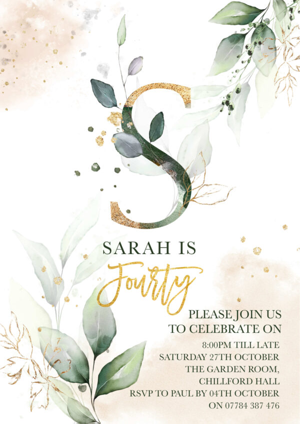 Gold Botanical Letter Party Invitations