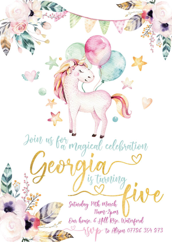 Watercolour Floral Unicorn Party Invitations