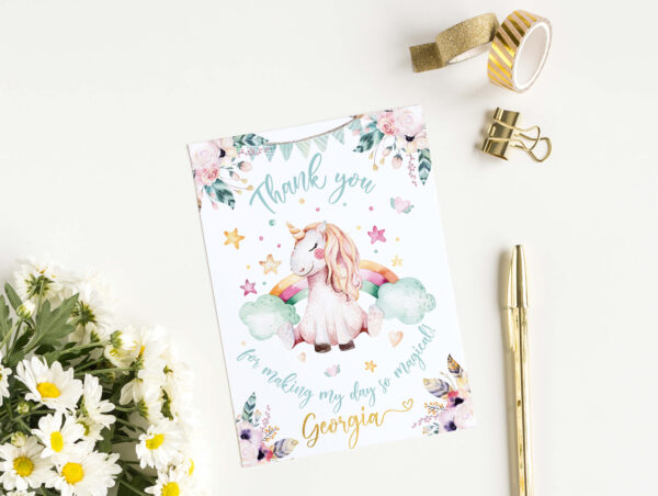 Watercolour Floral Unicorn Party Thank You Cards